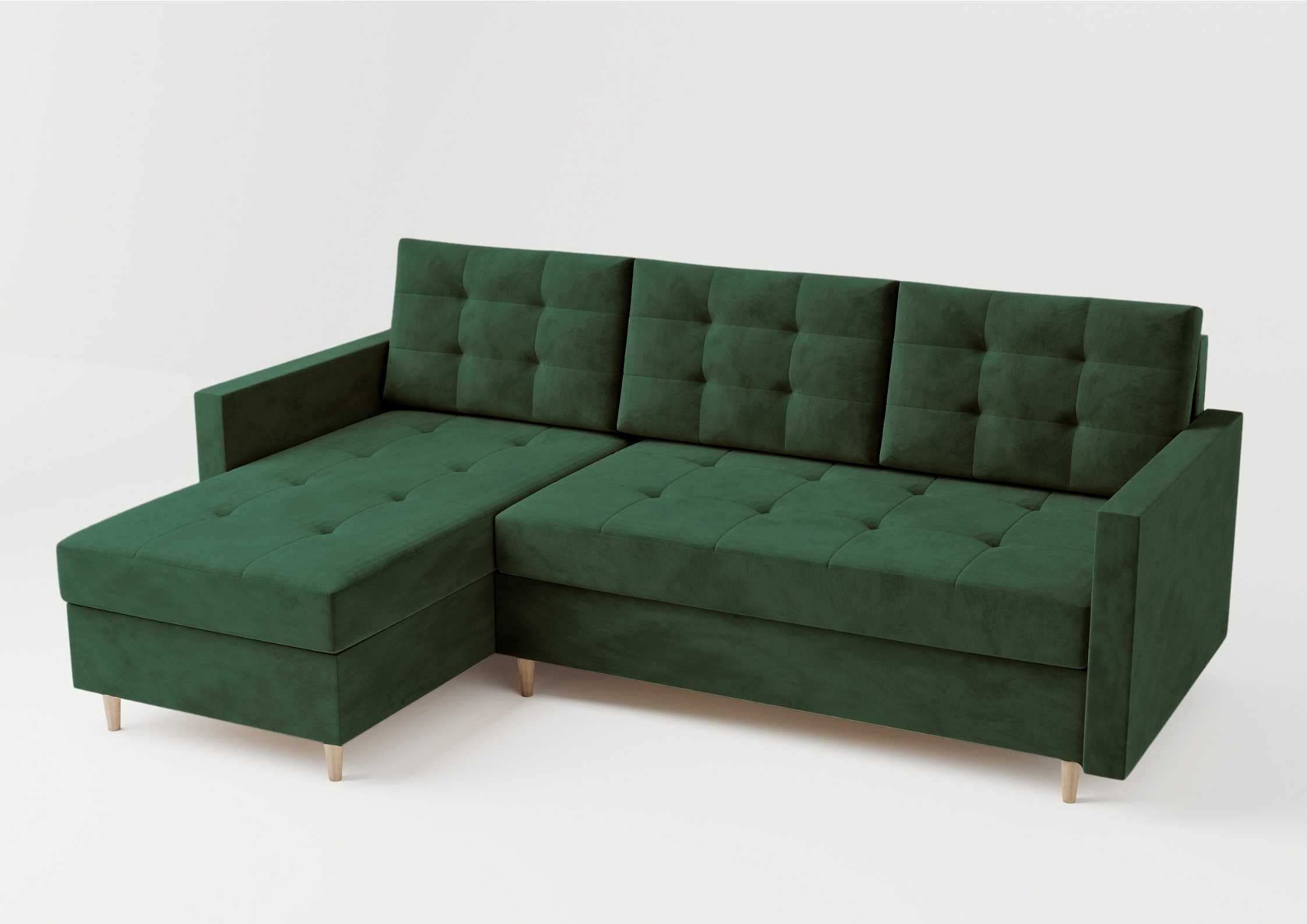 Skandynawski narożnik na drewnianych nogach rozkładany. Pikowana rogówka w kolorze zielonym